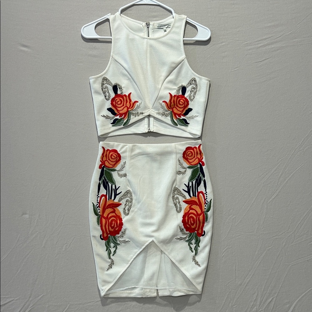 White Two-Piece Skirt Set with Red Floral Embroidery and Beaded Accents